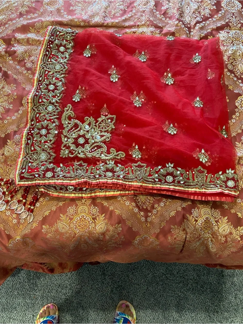 Bridal Red Embellished Sheer Scarf with Gold Accents